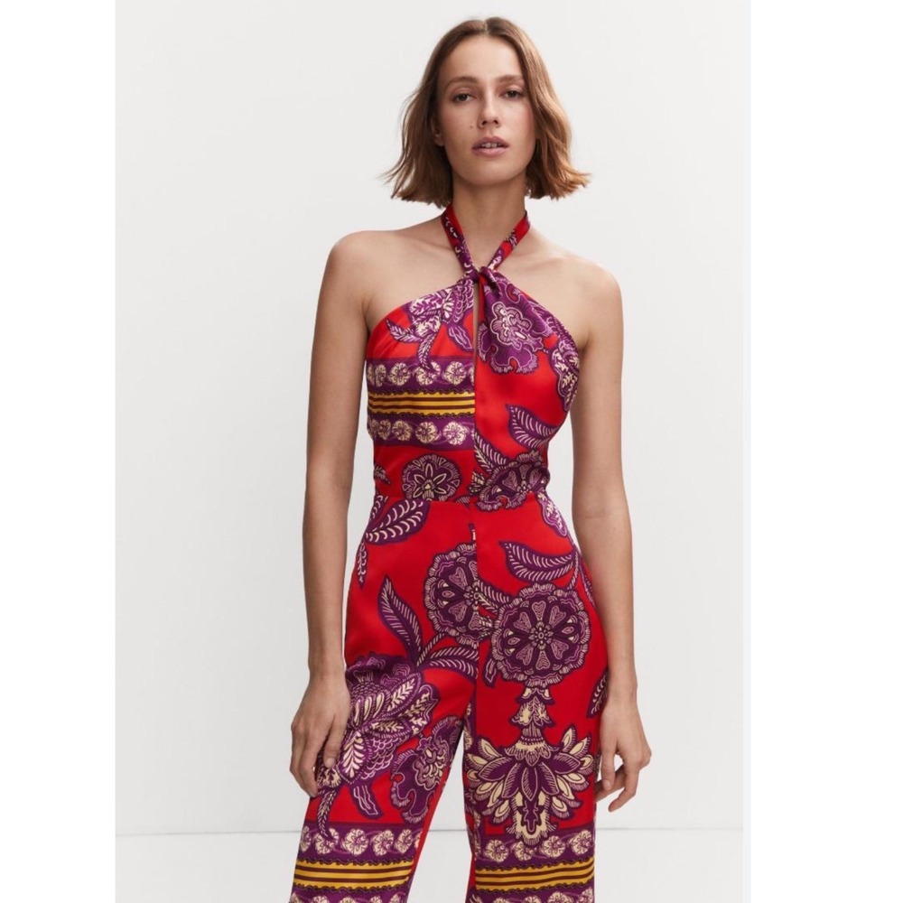 Mango Red Floral Scarf Print Halter Wide Leg Jumpsuit Purple Gold Boho Sleeves